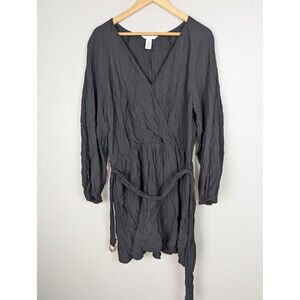 H&M Dress Womens XL Black Long Sleeve Crinkled Belted‎ Wrap V Neck Tunic Top